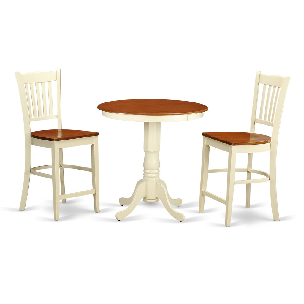 East West Furniture EDGR3-WHI-W 3 Piece Kitchen Counter Set for Small Spaces Contains a Round Dining Room Table with Pedestal and 2 Dining Chairs, 30x30 Inch, Buttermilk & Cherry