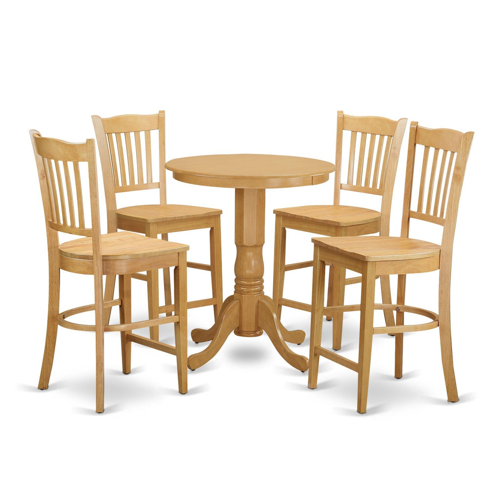 East West Furniture EDGR5-OAK-W 5 Piece Kitchen Counter Set Includes a Round Dining Room Table with Pedestal and 4 Dining Chairs, 30x30 Inch, Oak
