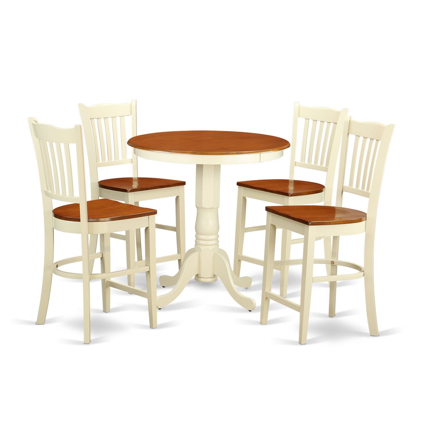 Juego de mesa de comedor de 5 piezas con altura de mostrador para cocina EDGR5-WHI-W de East West Furniture. Incluye una mesa redonda de madera con pedestal y 4 sillas de comedor.