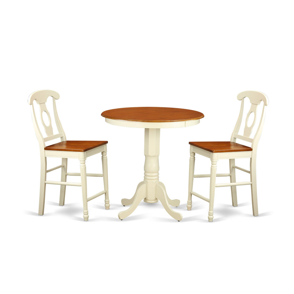 East West Furniture EDKE3-WHI-W 3 Piece Counter Height Dining Set for Small Spaces Contains a Round Kitchen Table with Pedestal and 2 Dining Room Chairs