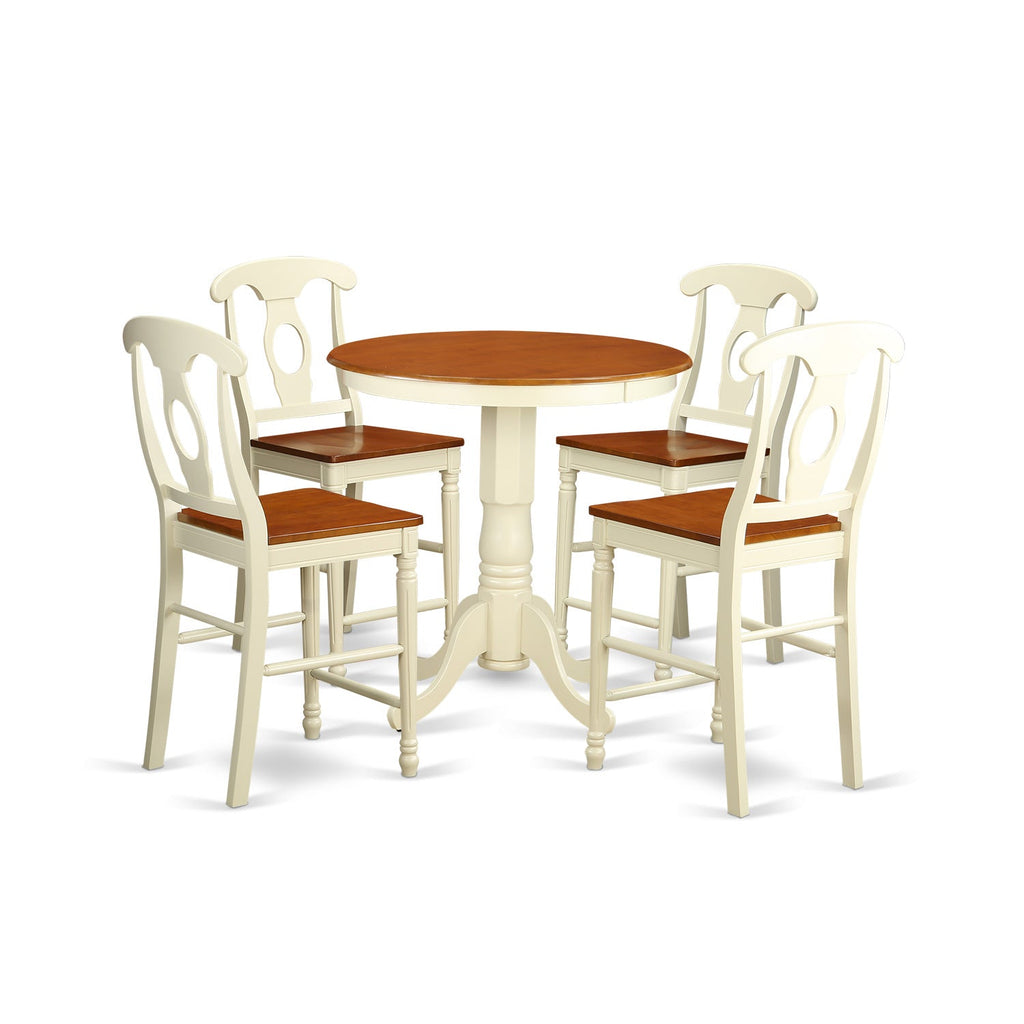 East West Furniture EDKE5-WHI-W 5 Piece Kitchen Counter Set Includes a Round Dining Room Table with Pedestal and 4 Dining Chairs, 30x30 Inch, Buttermilk & Cherry