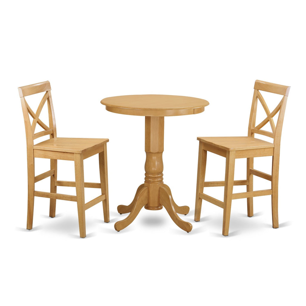 East West Furniture EDPB3-OAK-W 3 Piece Counter Height Dining Table Set Contains a Round Wooden Table with Pedestal and 2 Kitchen Dining Chairs, 30x30 Inch, Oak