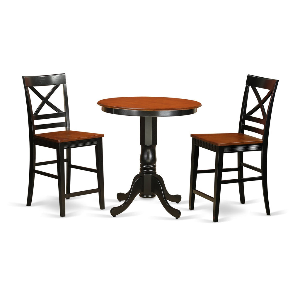 East West Furniture EDQU3-BLK-W 3 Piece Kitchen Counter Height Dining Table Set  Contains a Round Wooden Table with Pedestal and 2 Dining Chairs, 30x30 Inch, Black & Cherry