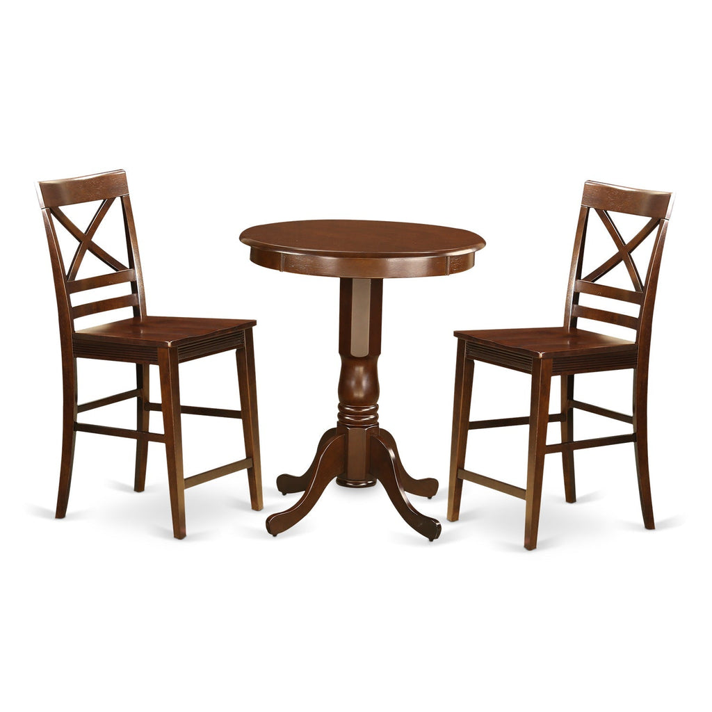 East West Furniture EDQU3-MAH-W 3 Piece Counter Height Dining Set for Small Spaces Contains a Round Dining Room Table with Pedestal and 2 Wooden Seat Chairs, 30x30 Inch, Mahogany