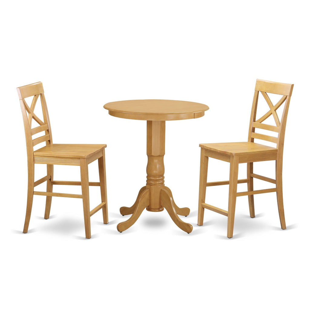 East West Furniture EDQU3-OAK-W 3 Piece Kitchen Counter Height Dining Table Set  Contains a Round Wooden Table with Pedestal and 2 Dining Chairs, 30x30 Inch, Oak