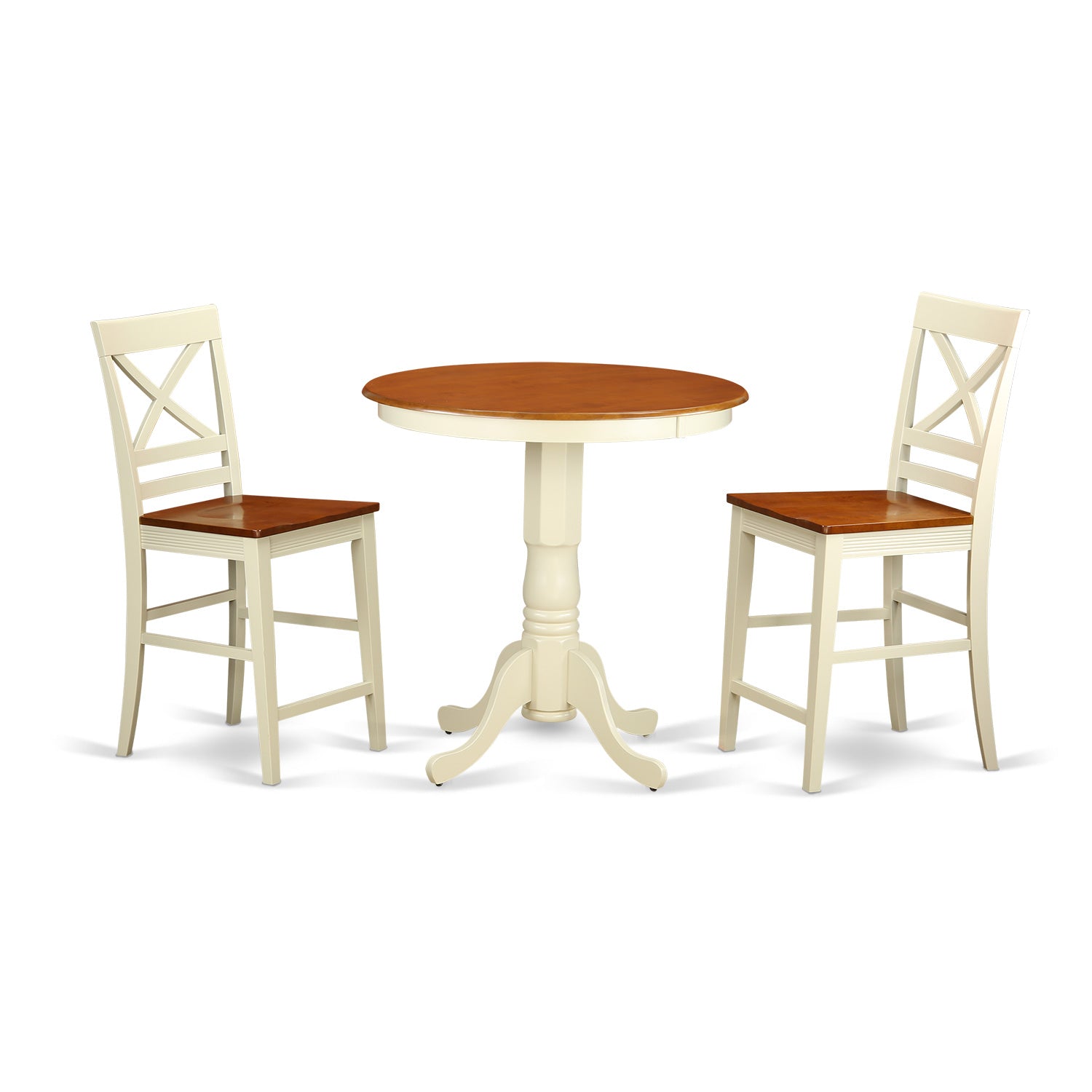 Juego de mesa de comedor de 3 piezas East West Furniture EDQU3-WHI-W con altura de mostrador. Incluye una mesa de cocina redonda con pedestal y 2 sillas de comedor.