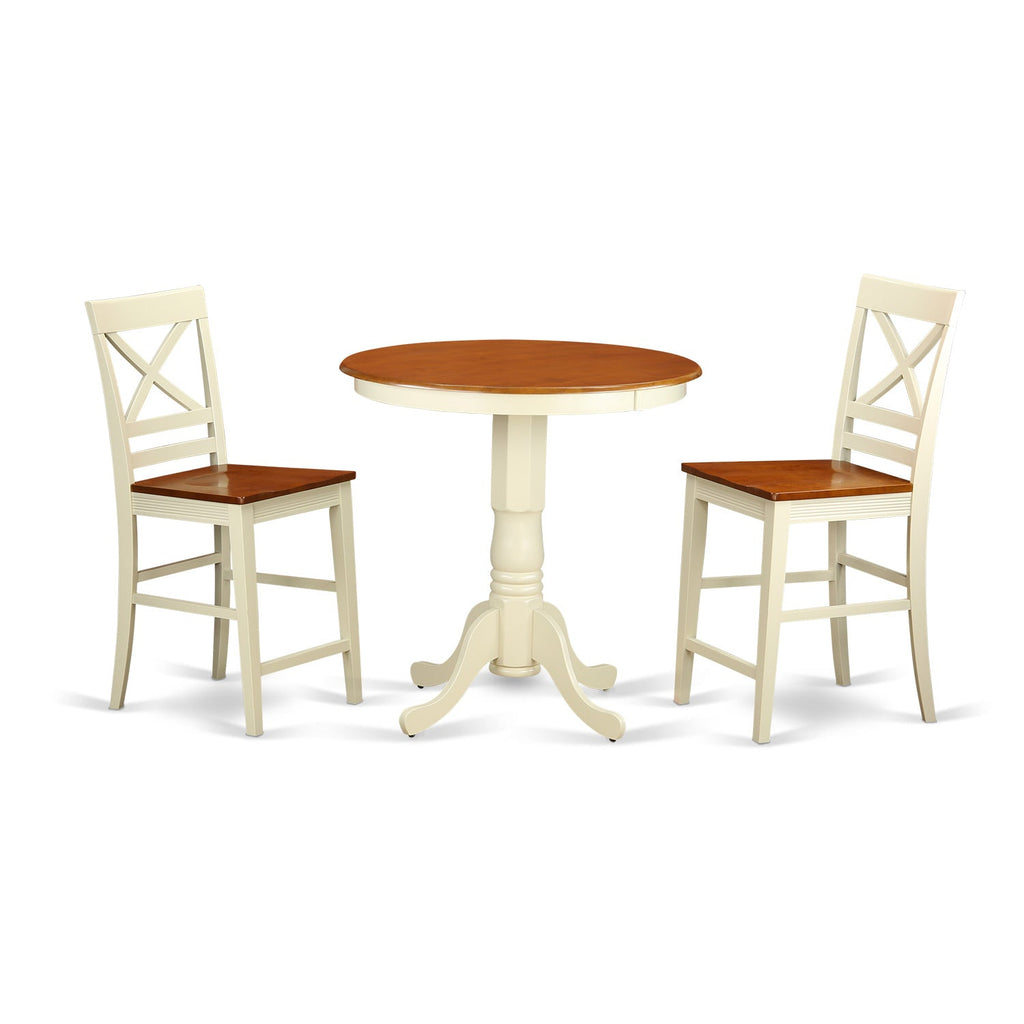 East West Furniture EDQU3-WHI-W 3 Piece Counter Height Dining Table Set Contains a Round Kitchen Table with Pedestal and 2 Dining Chairs, 30x30 Inch, Buttermilk & Cherry