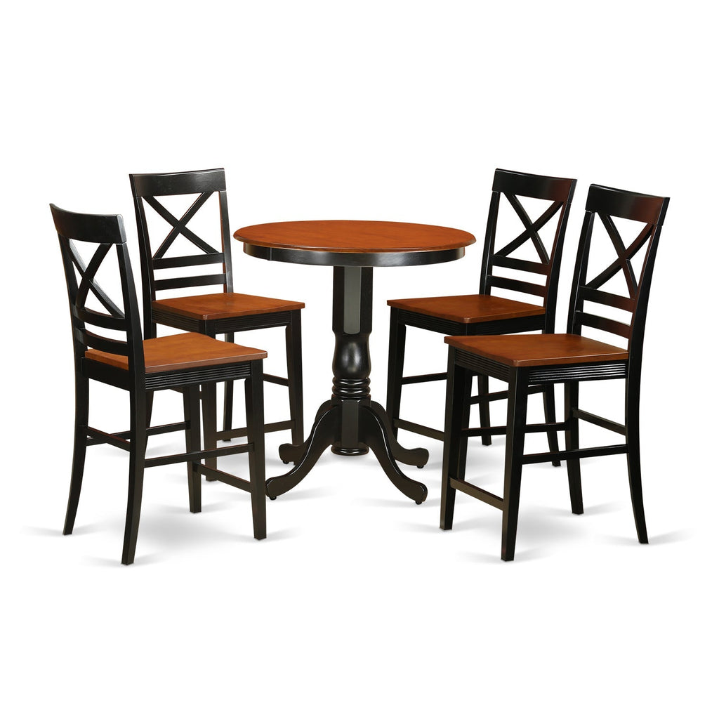 East West Furniture EDQU5-BLK-W 5 Piece Counter Height Dining Set Includes a Round Kitchen Table with Pedestal and 4 Dining Room Chairs, 30x30 Inch, Black & Cherry