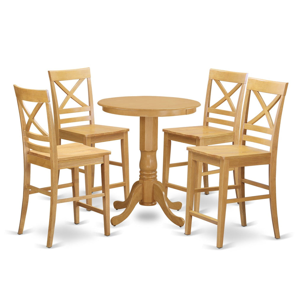 East West Furniture EDQU5-OAK-W 5 Piece Counter Height Dining Table Set Includes a Round Kitchen Table with Pedestal and 4 Dining Chairs, 30x30 Inch, Oak