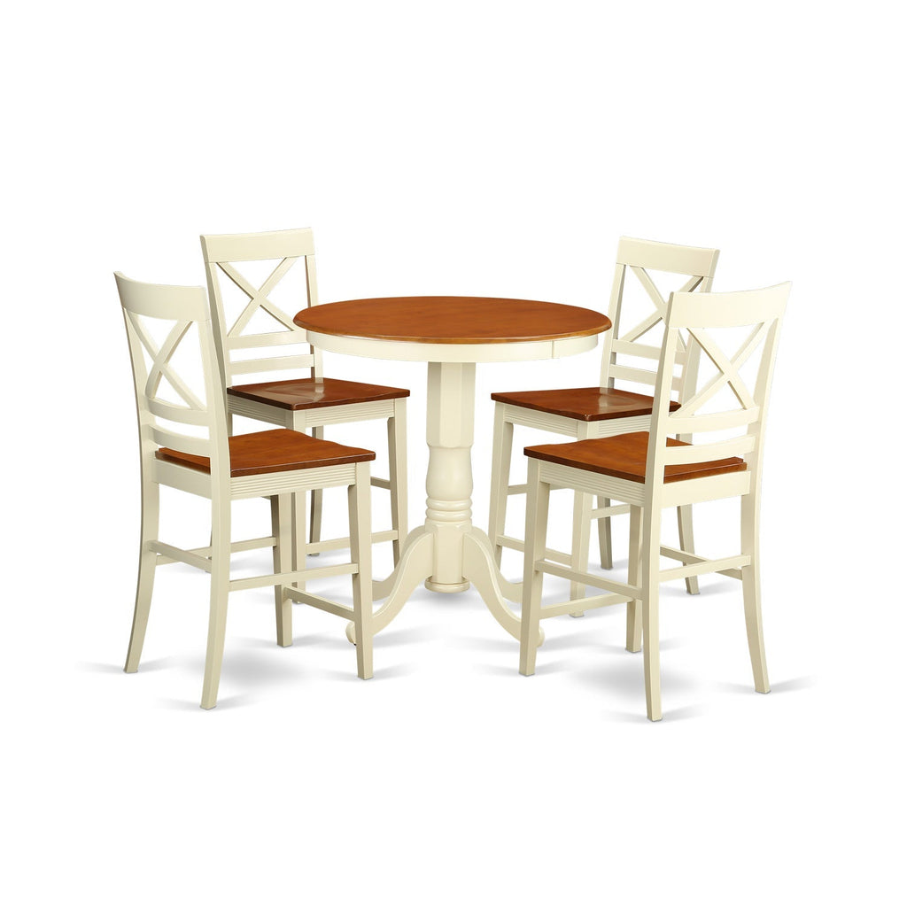 East West Furniture EDQU5-WHI-W 5 Piece Kitchen Counter Set Includes a Round Dining Room Table with Pedestal and 4 Dining Chairs
