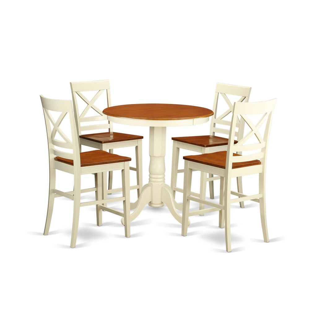 East West Furniture EDQU5-WHI-W 5 Piece Kitchen Counter Set Includes a Round Dining Room Table with Pedestal and 4 Dining Chairs, 30x30 Inch, Buttermilk & Cherry