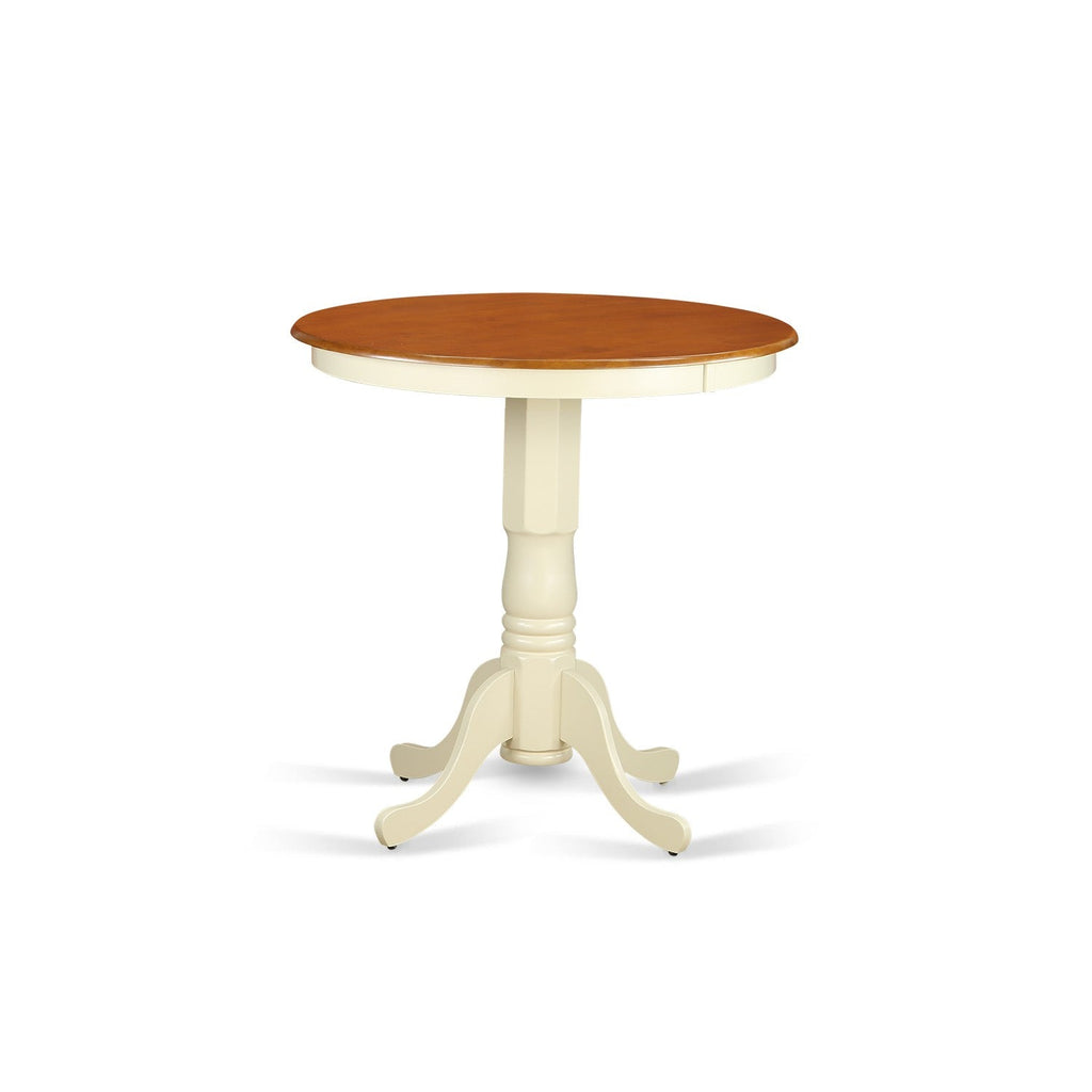 East West Furniture EDVN3-WHI-W 3 Piece Counter Height Dining Table Set Contains a Round Wooden Table with Pedestal and 2 Kitchen Dining Chairs