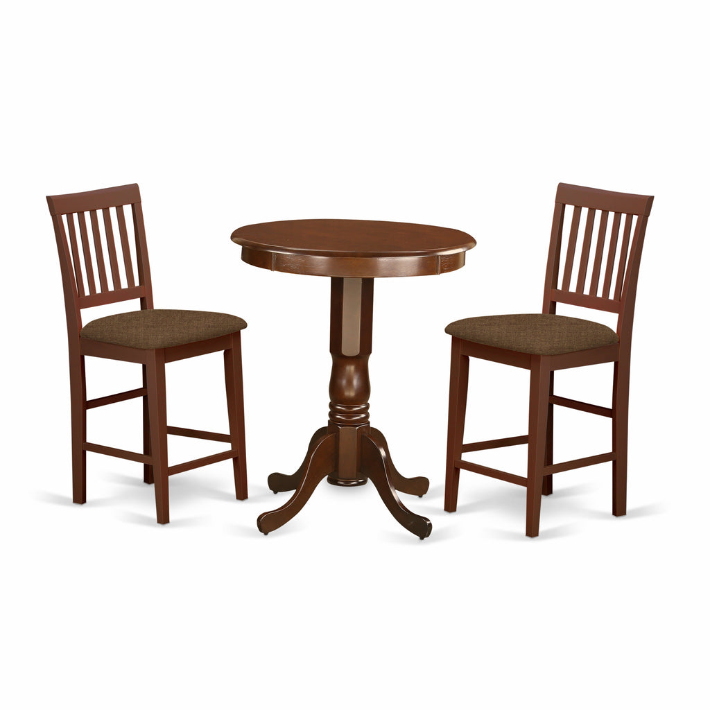 Juego de mostrador de 3 piezas EDVN3-MAH-C de East West Furniture para espacios pequeños. Contiene una mesa de comedor redonda con pedestal y 2 sillas tapizadas en tela de lino.