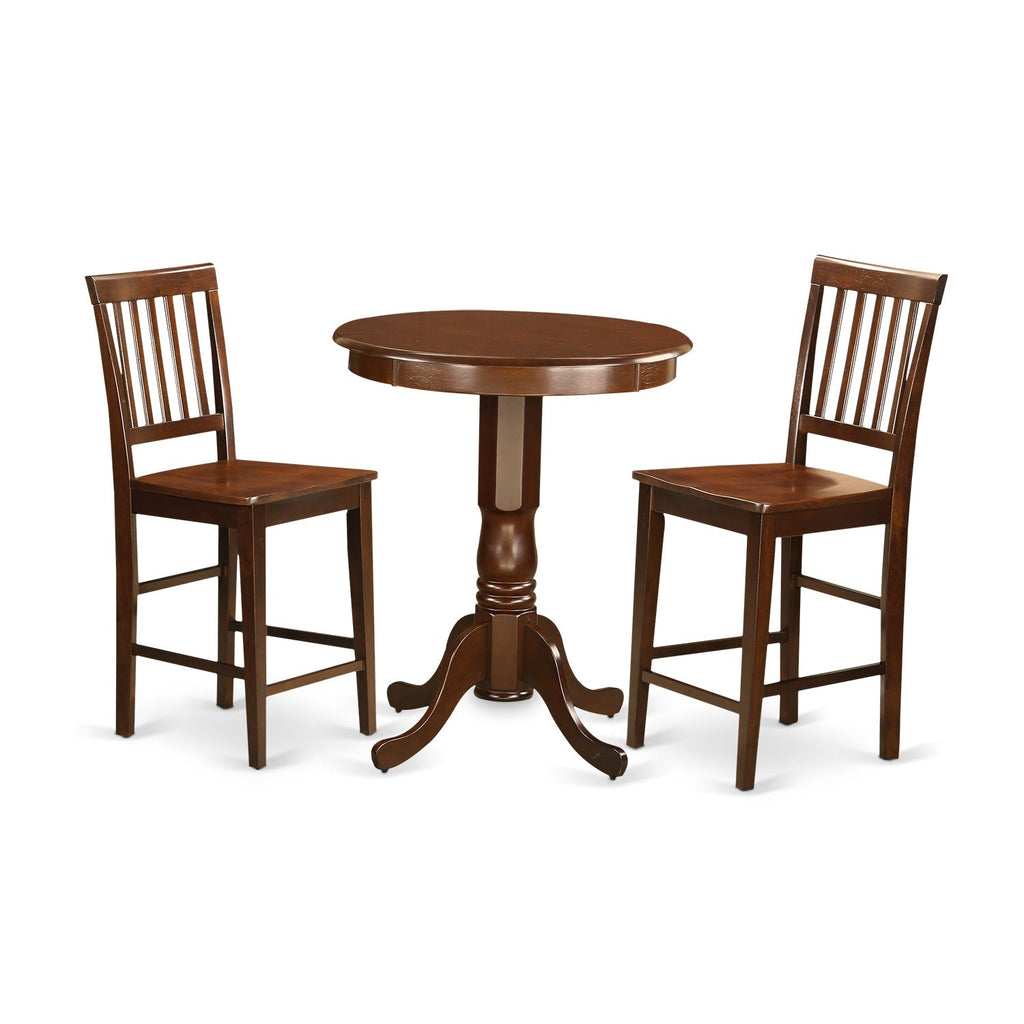 East West Furniture EDVN3-MAH-W 3 Piece Kitchen Counter Height Dining Table Set  Contains a Round Wooden Table with Pedestal and 2 Dining Chairs, 30x30 Inch, Mahogany