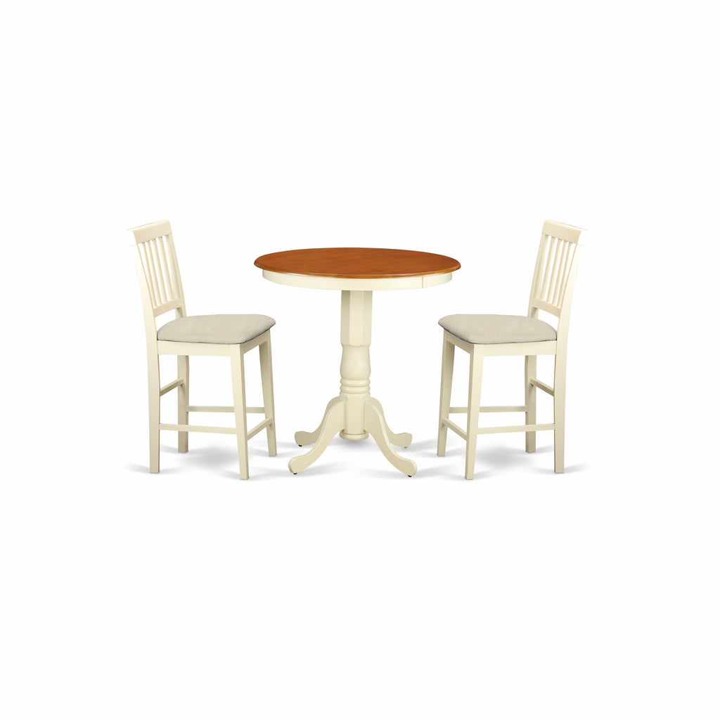 East West Furniture EDVN3-WHI-C 3 Piece Kitchen Counter Height Dining Set  Contains a Round Dining Room Table with Pedestal and 2 Linen Fabric Upholstered Chairs, 30x30 Inch, Buttermilk & Cherry
