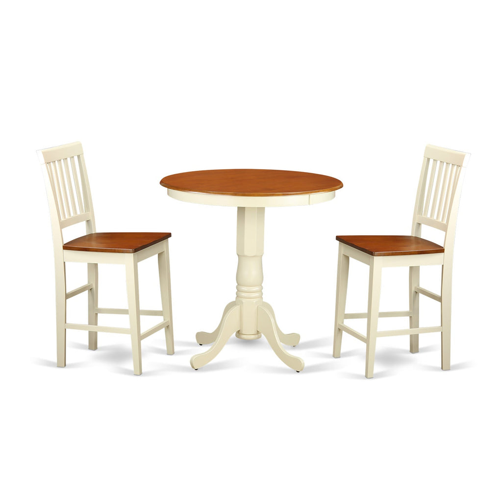 East West Furniture EDVN3-WHI-W 3 Piece Counter Height Dining Table Set Contains a Round Wooden Table with Pedestal and 2 Kitchen Dining Chairs, 30x30 Inch, Buttermilk & Cherry