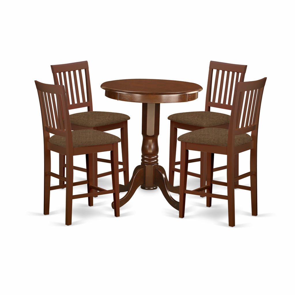 Juego de mesa de comedor de 5 piezas East West Furniture EDVN5-MAH-C con altura de mostrador. Incluye una mesa redonda de madera con pedestal y 4 sillas tapizadas en tela de lino.