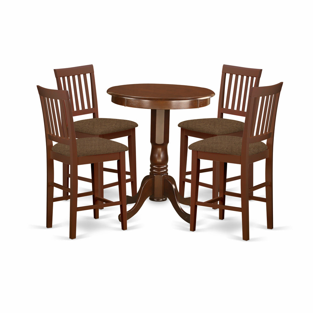 East West Furniture EDVN5-MAH-C 5 Piece Counter Height Dining Table Set  Includes a Round Wooden Table with Pedestal and 4 Linen Fabric Upholstered Chairs, 30x30 Inch, Mahogany