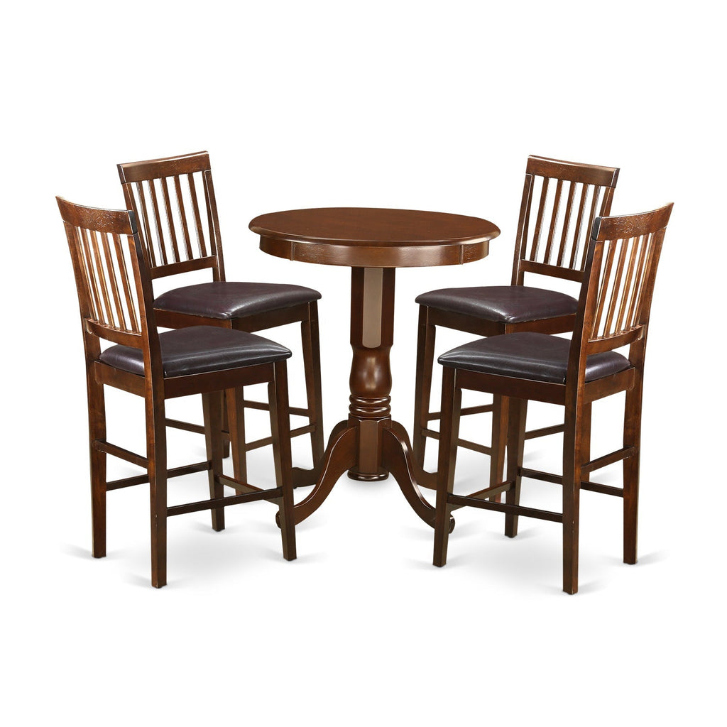 Juego de mesa de comedor de 5 piezas East West Furniture EDVN5-MAH-LC con altura de mostrador. Incluye una mesa de cocina redonda con pedestal y 4 sillas de comedor tapizadas en piel sintética.