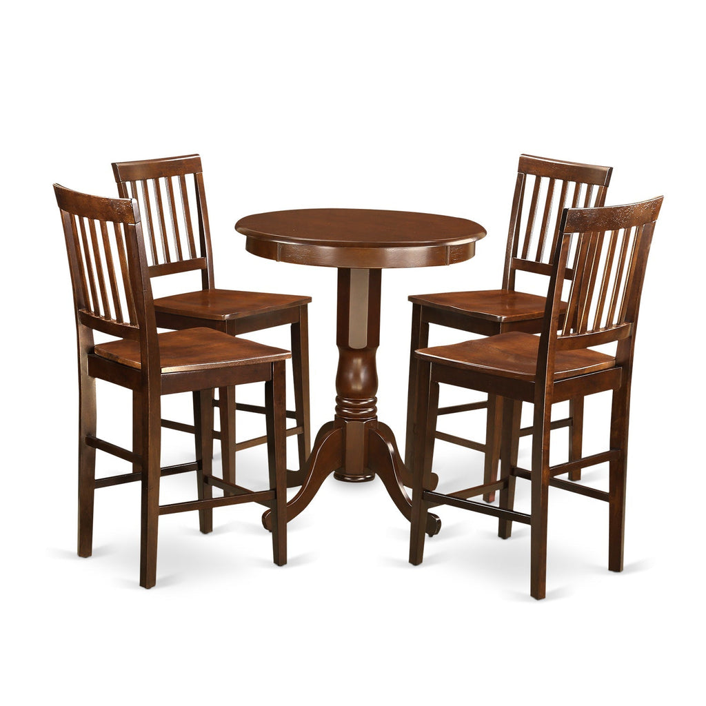 East West Furniture EDVN5-MAH-W 5 Piece Kitchen Counter Height Dining Table Set  Includes a Round Pub Table with Pedestal and 4 Dining Room Chairs, 30x30 Inch, Mahogany