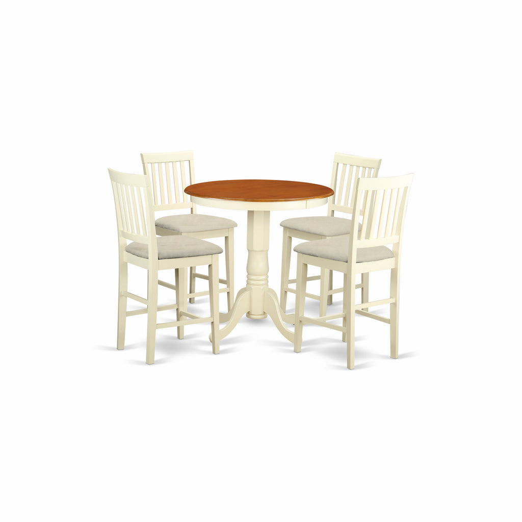 East West Furniture EDVN5-WHI-C 5 Piece Counter Height Dining Table Set Includes a Round Kitchen Table with Pedestal and 4 Linen Fabric Upholstered Dining Chairs, 30x30 Inch, Buttermilk & Cherry