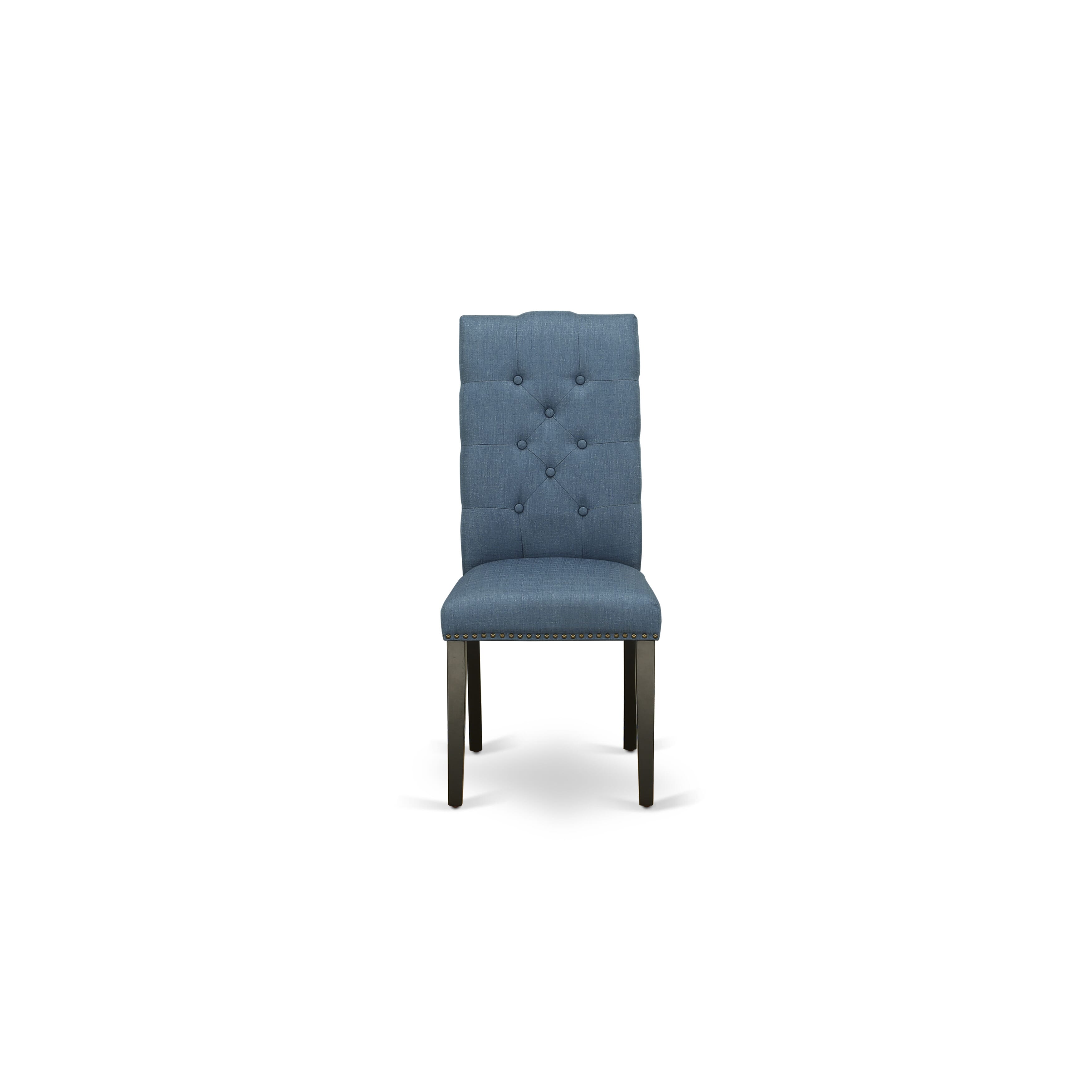 East West Furniture LAEL11-81-21 11-Pieces Kitchen Table Set - A Removable leaf Double Pedestal Dinner Table and 10 Blue Linen Fabric Dining Chairs with Button Tufted Back - Antique Walnut Finish