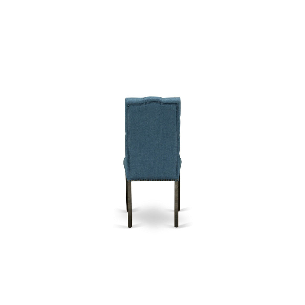 Juego de mesa y sillas de cocina de 9 piezas East West Furniture LAEL9-71-21. Incluye una mesa de comedor rectangular con diseño de hojas de mariposa y 8 sillas Parsons de tela de lino azul.