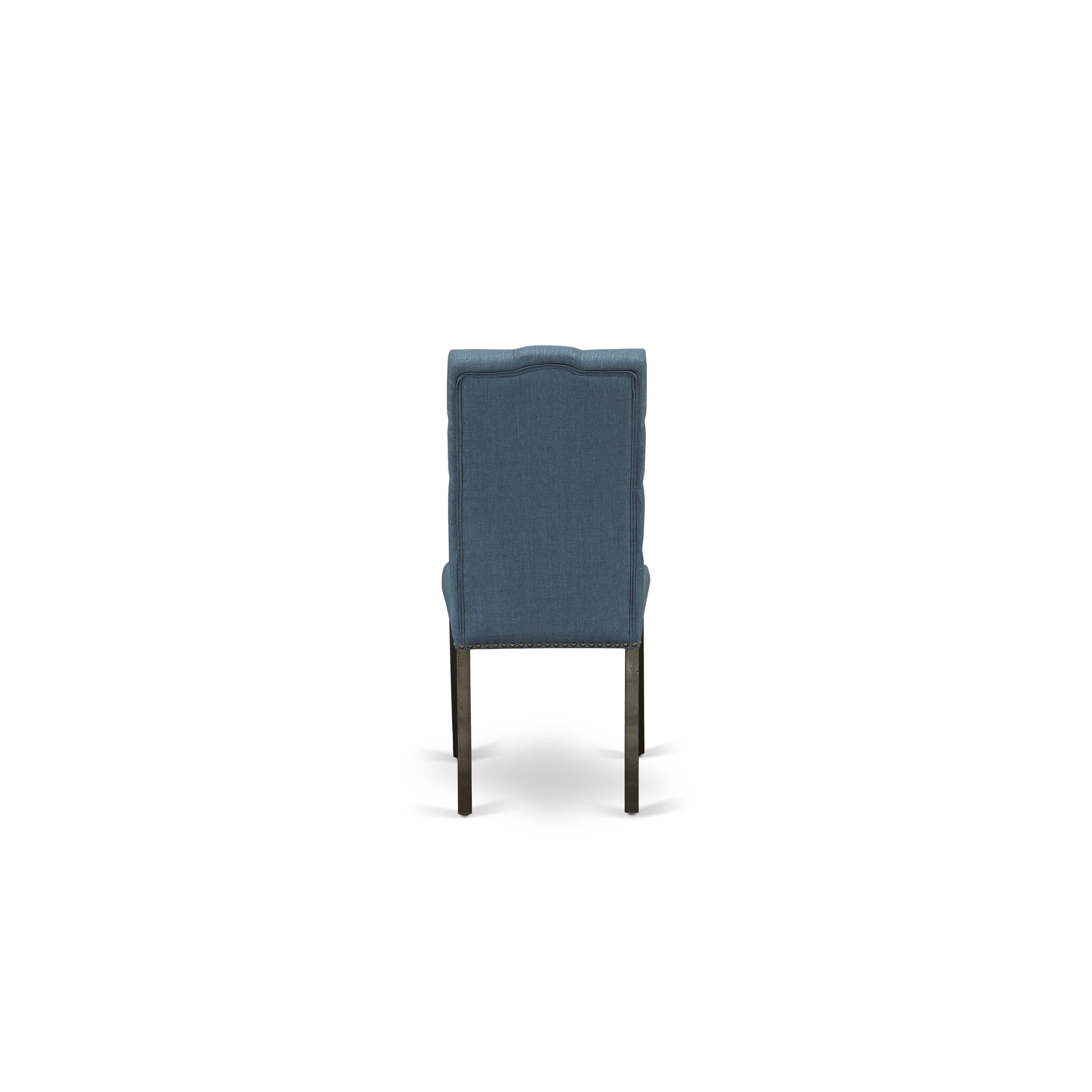 East West Furniture LAEL11-81-21 11-Pieces Kitchen Table Set - A Removable leaf Double Pedestal Dinner Table and 10 Blue Linen Fabric Dining Chairs with Button Tufted Back - Antique Walnut Finish