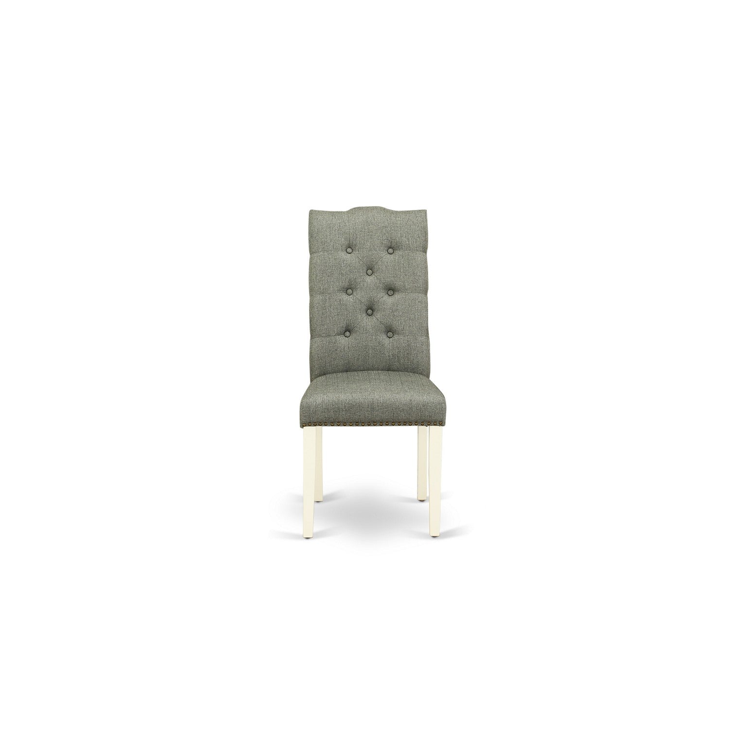 East West Furniture 9-Pc Dining Room Set- 8 Upholstered Dining Chairs with Smoke Linen Fabric Seat and Button Tufted Chair Back - Rectangular Table top & Wooden Cross Legs - Distressed Jacobean and linen white Finish