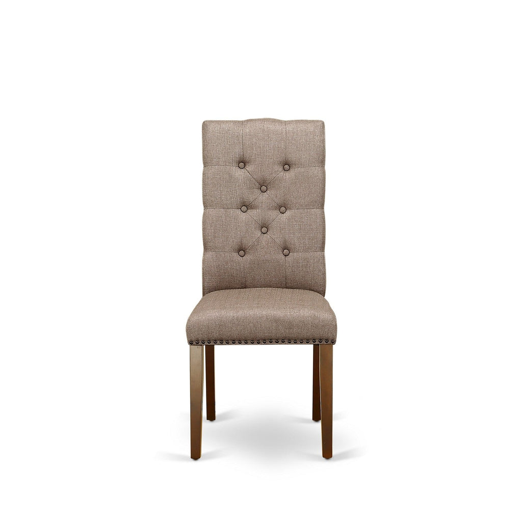 Sillas de comedor Elsa Parson ELP3T16 de East West Furniture - Tapizadas en tela de lino color caqui oscuro con botones capitoné y ribete de tachuelas
