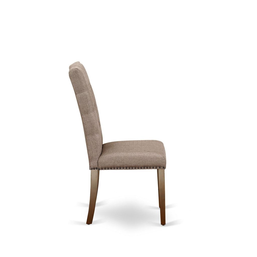 East West Furniture DMEL3-MAH-16 3 Piece Kitchen Table Set Contains a Round Dining Room Table with Dropleaf and 2 Dark Khaki Linen Fabric Upholstered Chairs