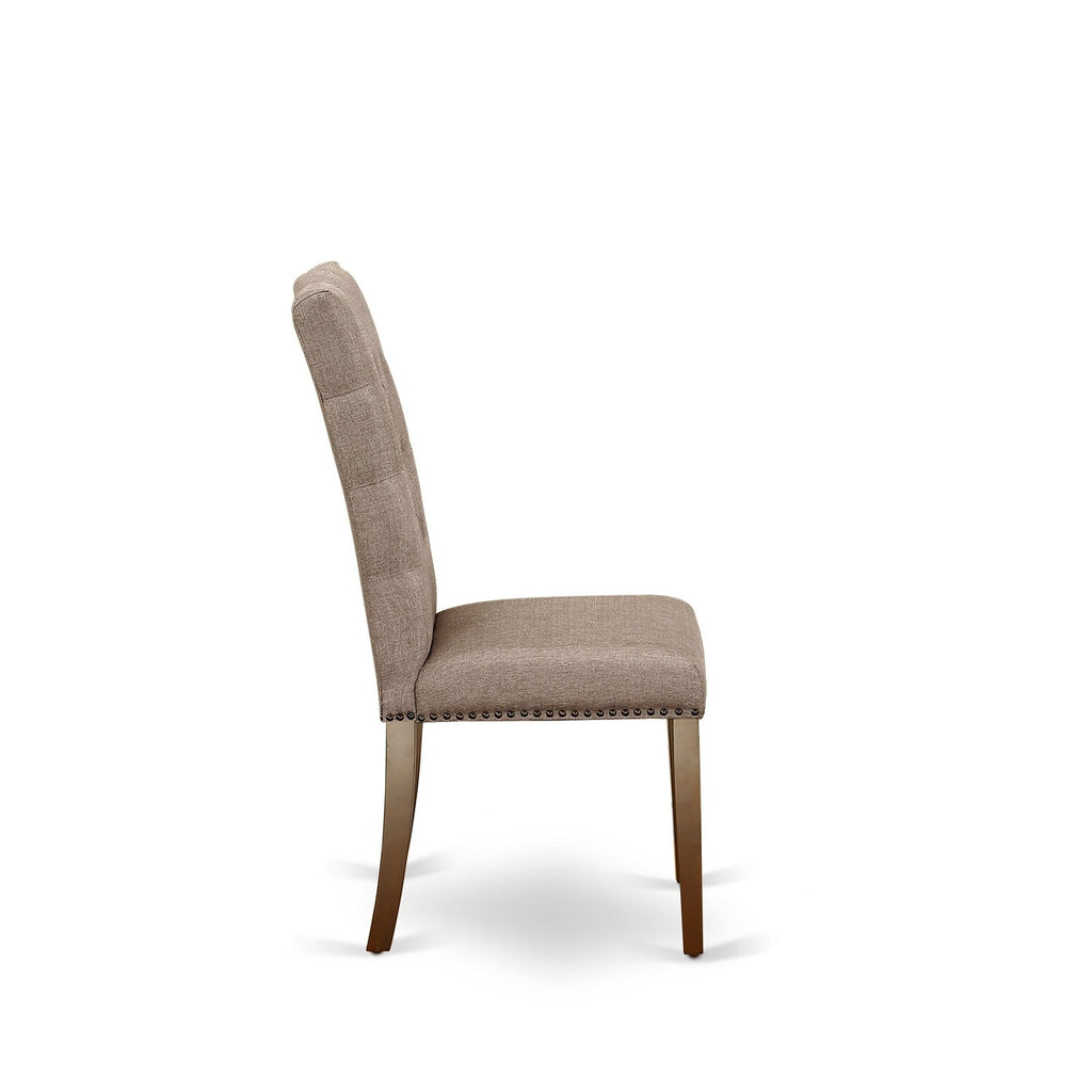 Sillas de comedor Elsa Parson ELP3T16 de East West Furniture - Tapizadas en tela de lino color caqui oscuro con botones capitoné y ribete de tachuelas
