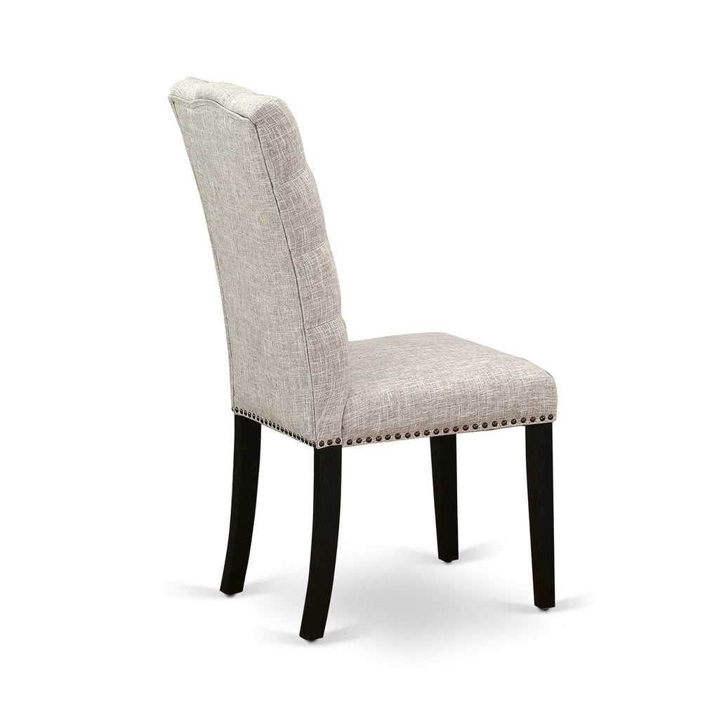 Sillas de comedor Elsa Parson ELP6T35 de East West Furniture: tapizadas con botones capitoné y ribete de tachuelas, tela de lino y piel de venado.