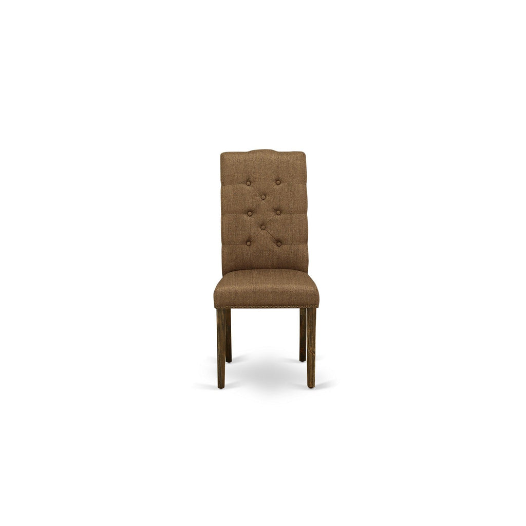 East West Furniture CNEL7-77-18 7 Piece Dining Room Table Set Consist of a Rectangle Rustic Wood Dining Table and 6 Brown Linen Linen Fabric Upholstered Chairs