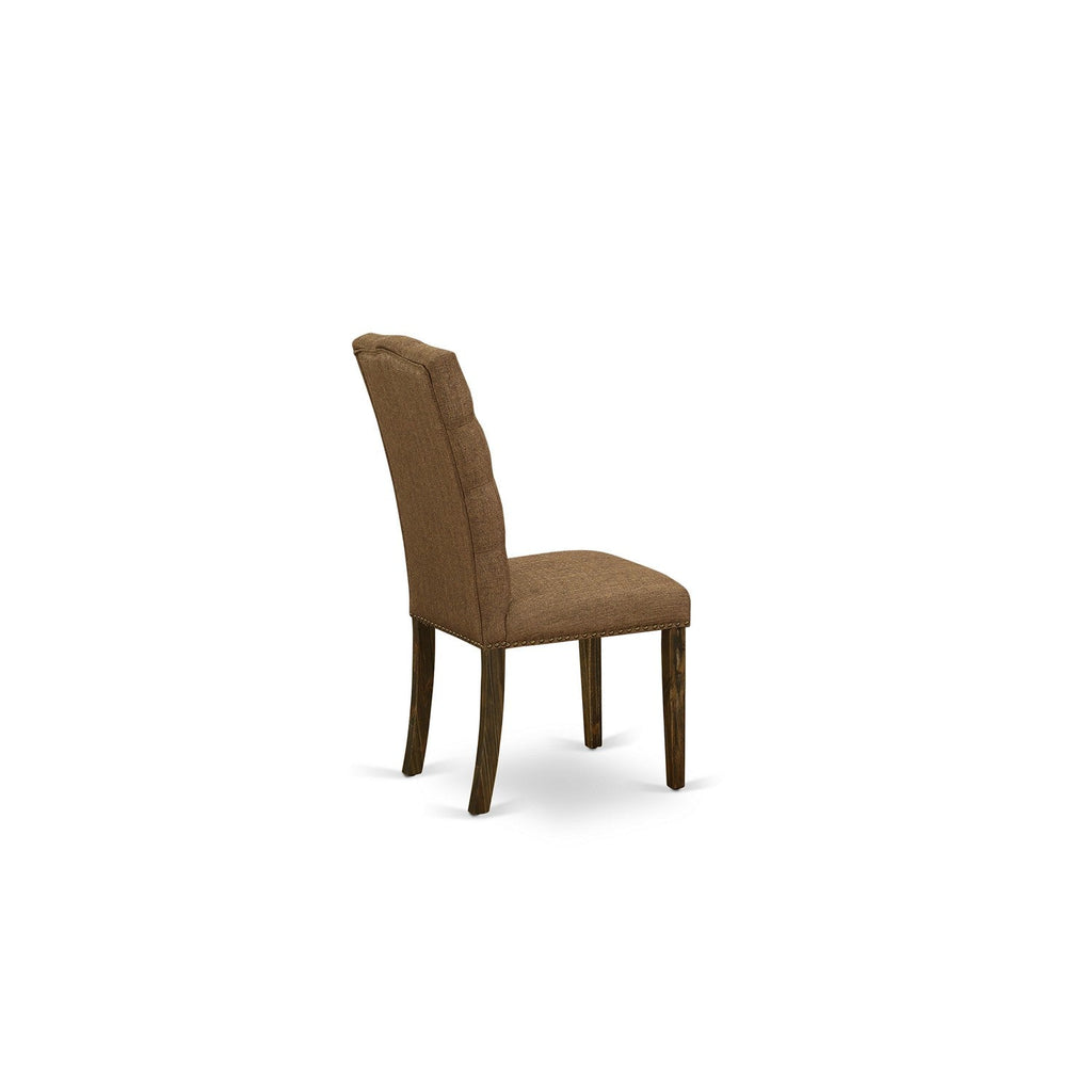 East West Furniture I3EL5-718 5 Piece Modern Dining Table Set Includes a Round Wooden Table with Pedestal and 4 Brown Linen Linen Fabric Upholstered Chairs
