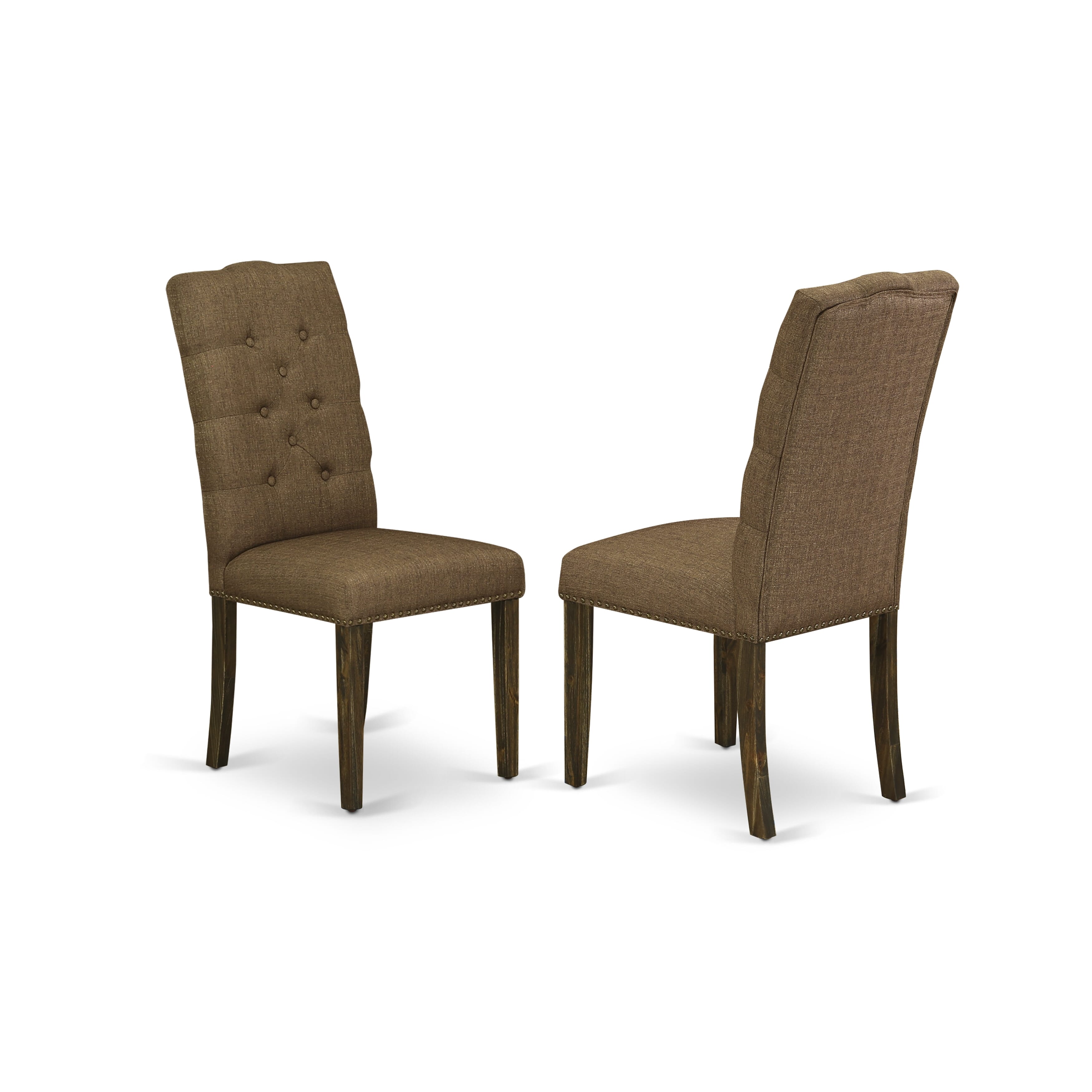 East West Furniture LAEL11-77-18 11-Piece Dining Table Set Includes a Dining Room Table and 10 Brown Linen Fabric Upholstered Chairs with Button Tufted Back - Distressed Jacobean Finish