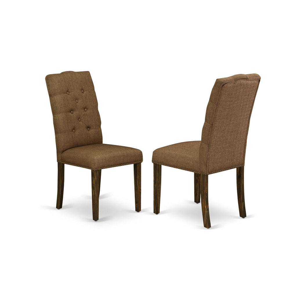 East West Furniture F3EL5-718 5 Piece Modern Dining Table Set Includes a Round Wooden Table with Pedestal and 4 Brown Linen Linen Fabric Parsons Dining Chairs