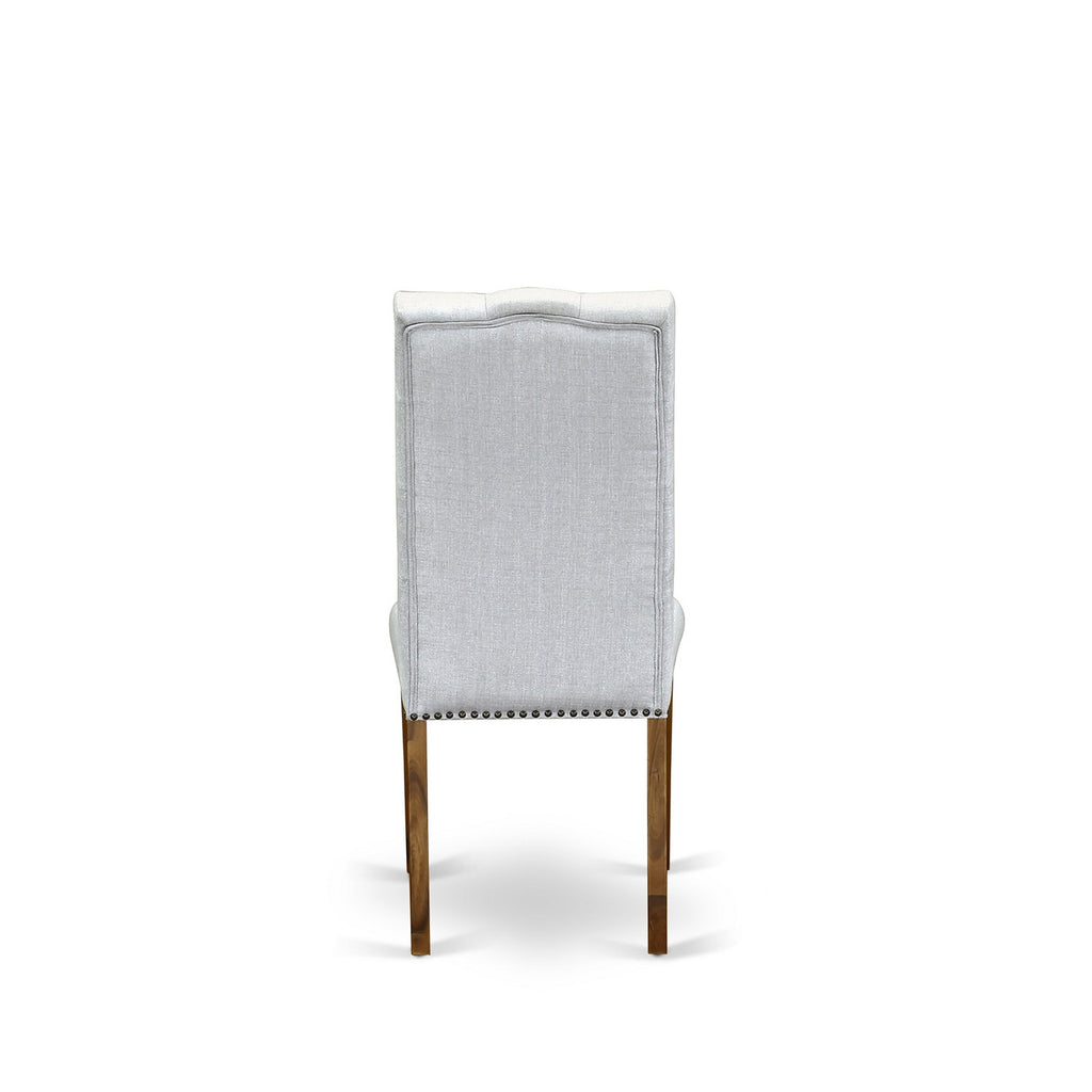 East West Furniture AMEL3-AWA-05 3 Piece Dining Room Furniture Set Contains a Round Kitchen Table with Pedestal and 2 Grey Linen Fabric Parsons Dining Chairs