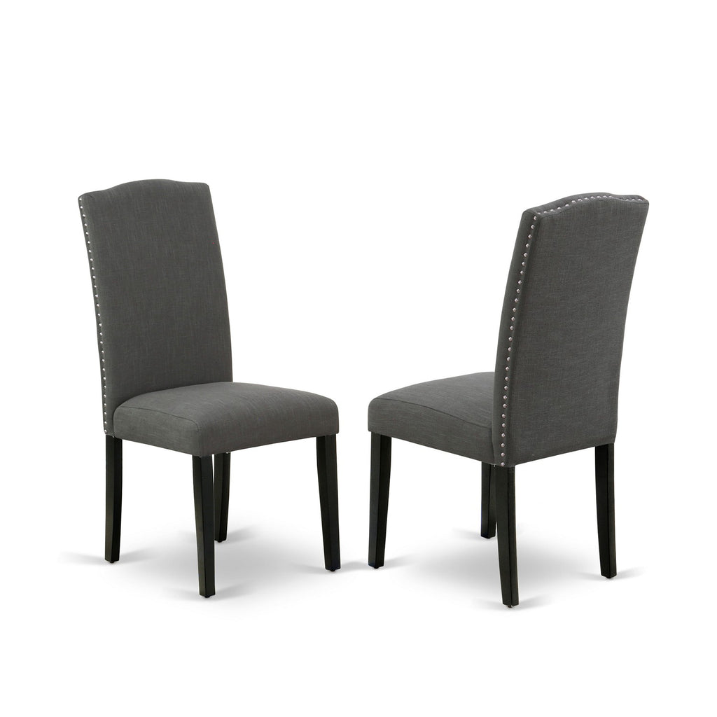 Juego de mesa de comedor moderna de 3 piezas DLEN3-BLK-20 de East West Furniture. Contiene una mesa redonda de madera con hojas abatibles y 2 sillas tapizadas en tela de lino Gotham oscuro.