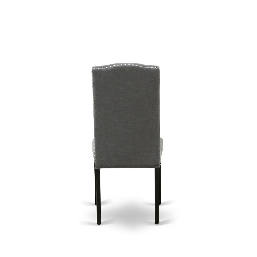 Juego de mesa de comedor moderna de 3 piezas DLEN3-BLK-20 de East West Furniture. Contiene una mesa redonda de madera con hojas abatibles y 2 sillas tapizadas en tela de lino Gotham oscuro.