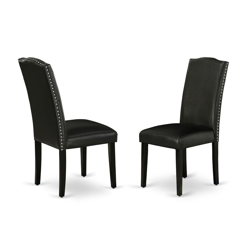 East West Furniture ENP1T69 Encinal Parson Dining Room Chairs - Nailhead Trim Black Faux Leather Padded Chairs, Set of 2, Black