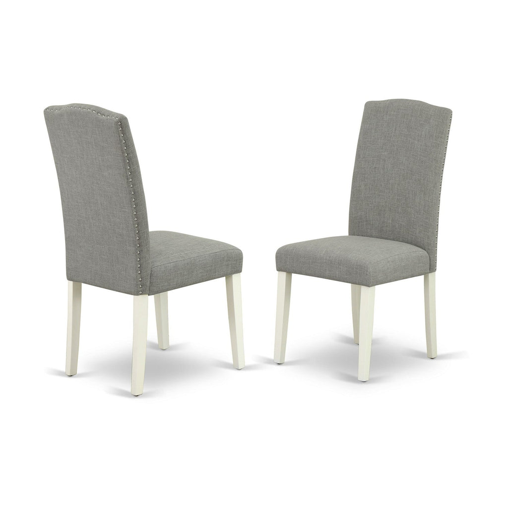 East West Furniture 1MZEN5-LWH-06 5Pc Modern Dining Table Set Contains a Wood Dining Table and 4 Parsons Chairs with Shitake Color Linen Fabric, Drop Leaf Table with Full Back Chairs, Linen White Finish
