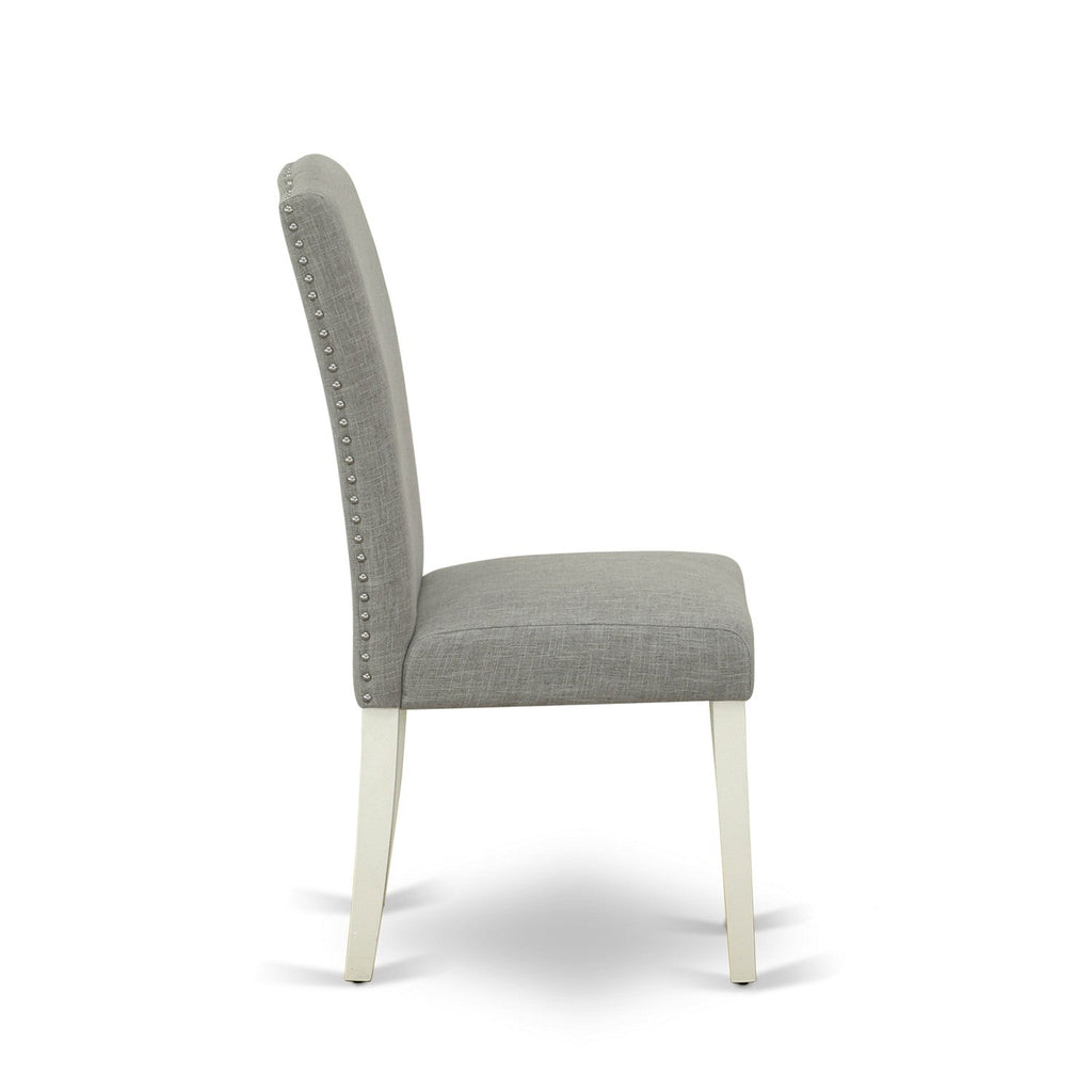East West Furniture 1MZEN5-LWH-06 5Pc Modern Dining Table Set Contains a Wood Dining Table and 4 Parsons Chairs with Shitake Color Linen Fabric, Drop Leaf Table with Full Back Chairs, Linen White Finish