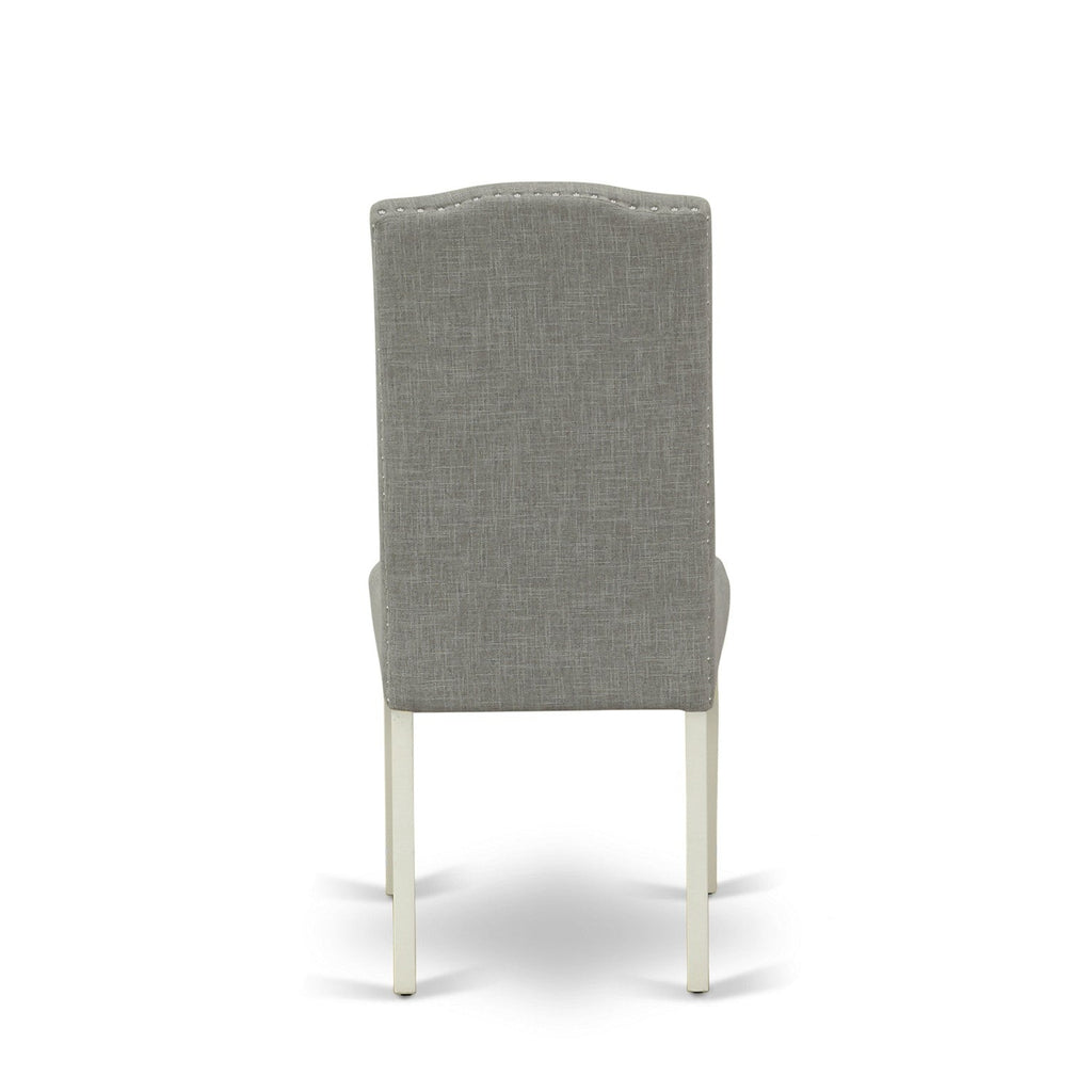 El juego de mesa de comedor de 5 piezas VAEN5-LWH-06 de East West Furniture incluye una mesa de cocina ovalada con hojas de mariposa y 4 sillas de comedor Parson de tela de lino shitake oscuro.