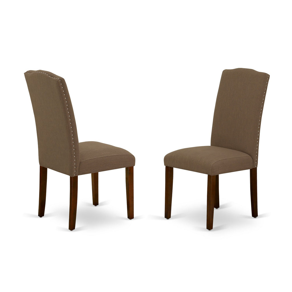 East West Furniture AMEN3-MAH-18 3 Piece Modern Dining Table Set Contains a Round Kitchen Table with Pedestal and 2 Dark Coffee Linen Fabric Upholstered Chairs