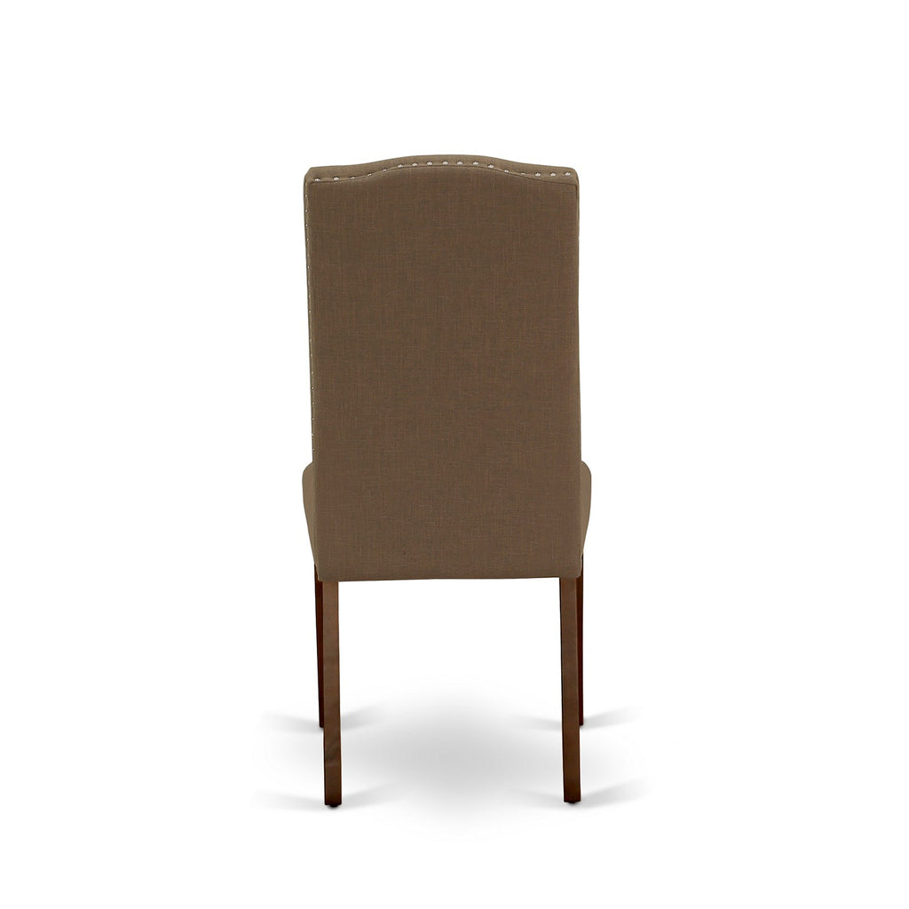 East West Furniture AMEN3-MAH-18 3 Piece Modern Dining Table Set Contains a Round Kitchen Table with Pedestal and 2 Dark Coffee Linen Fabric Upholstered Chairs