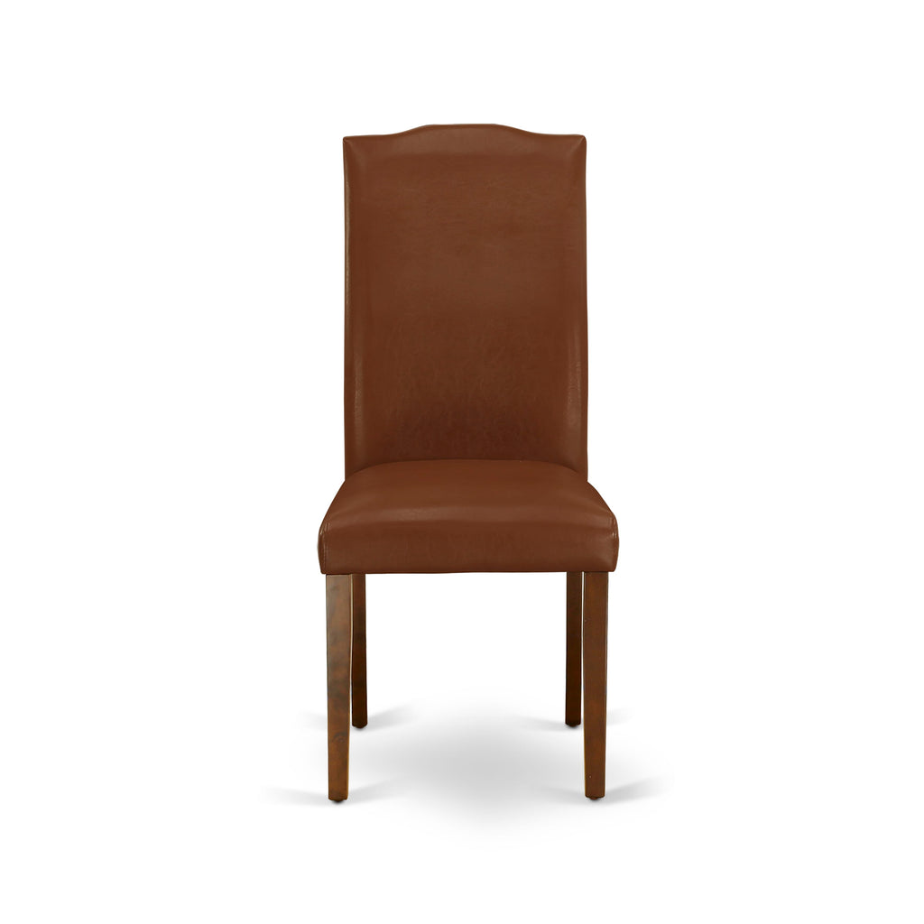 Juego de mesa de comedor moderna de 3 piezas East West Furniture NDEN3-MAH-66. Incluye una mesa rectangular de madera con alas abatibles y dos sillas Parson de piel sintética marrón.