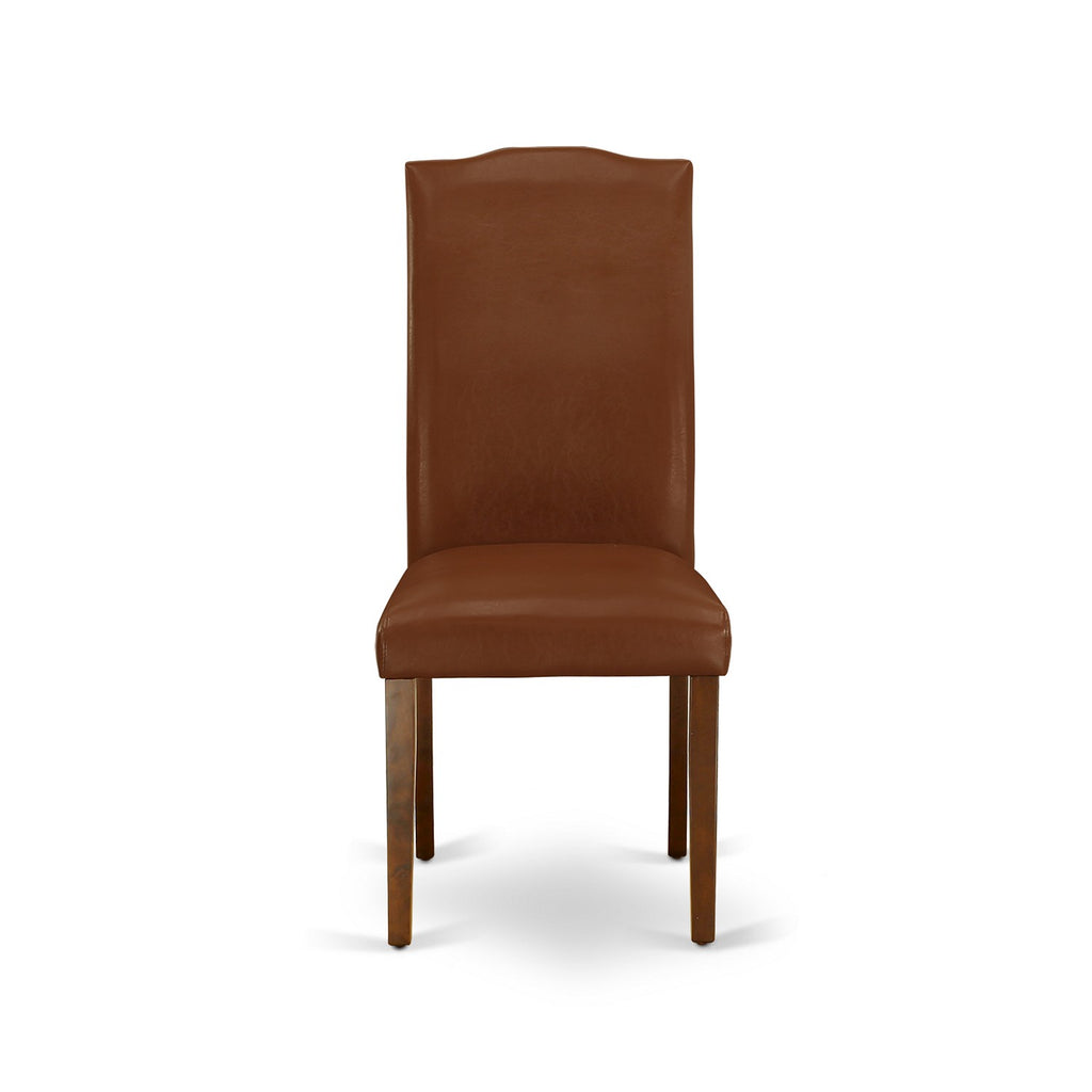 East West Furniture AMEN3-MAH-66 3 Piece Dining Table Set for Small Spaces Contains a Round Kitchen Table with Pedestal and 2 Brown Faux Faux Leather Parson Chairs