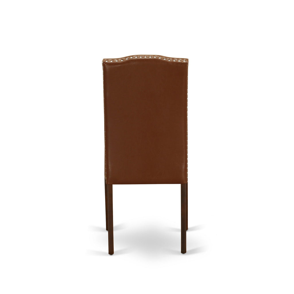 East West Furniture ANEN5-MAH-66 5 Piece Dining Set Includes a Round Dining Room Table with Pedestal and 4 Brown Faux Faux Leather Upholstered Parson Chairs