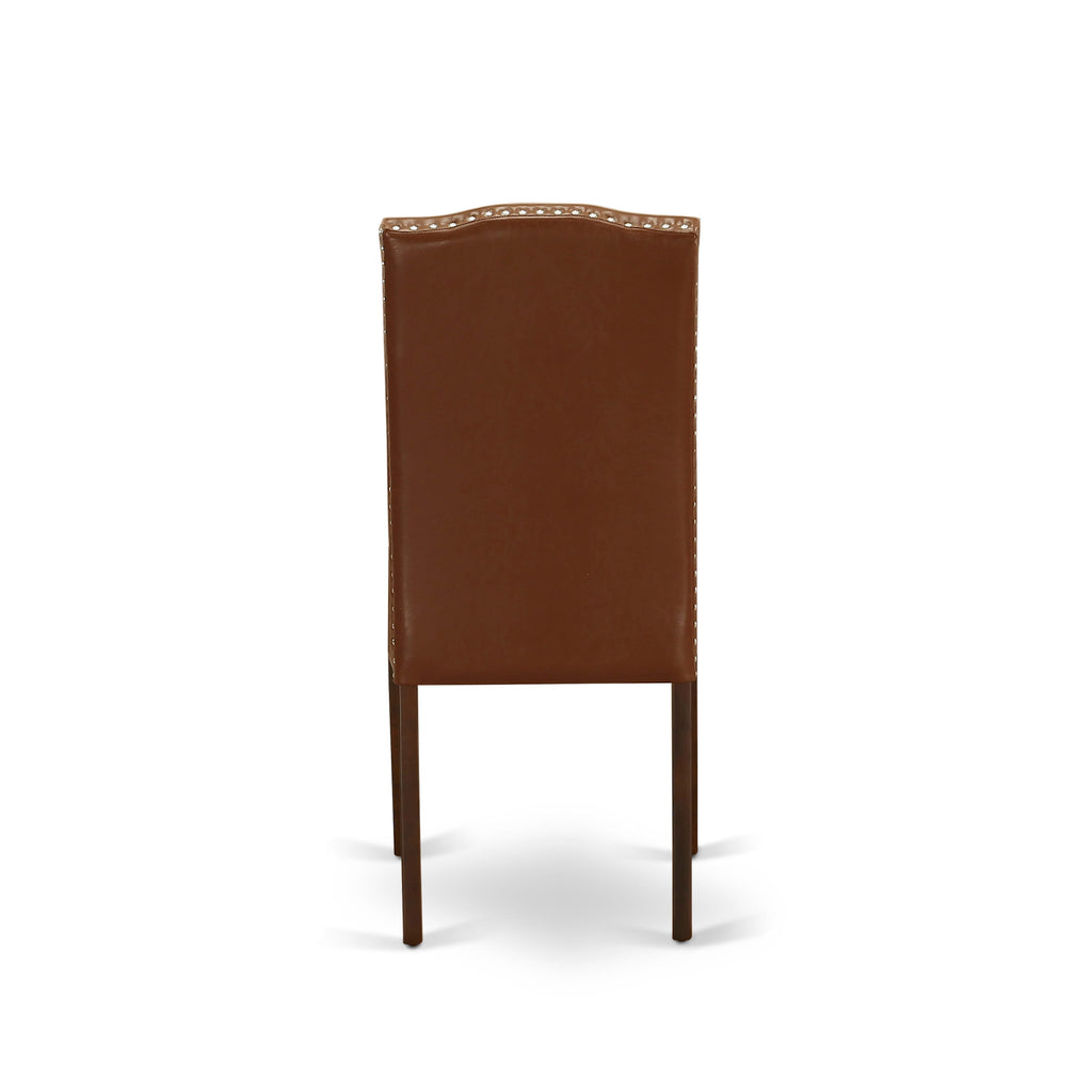 Juego de mesa de comedor moderna de 3 piezas East West Furniture NDEN3-MAH-66. Incluye una mesa rectangular de madera con alas abatibles y dos sillas Parson de piel sintética marrón.